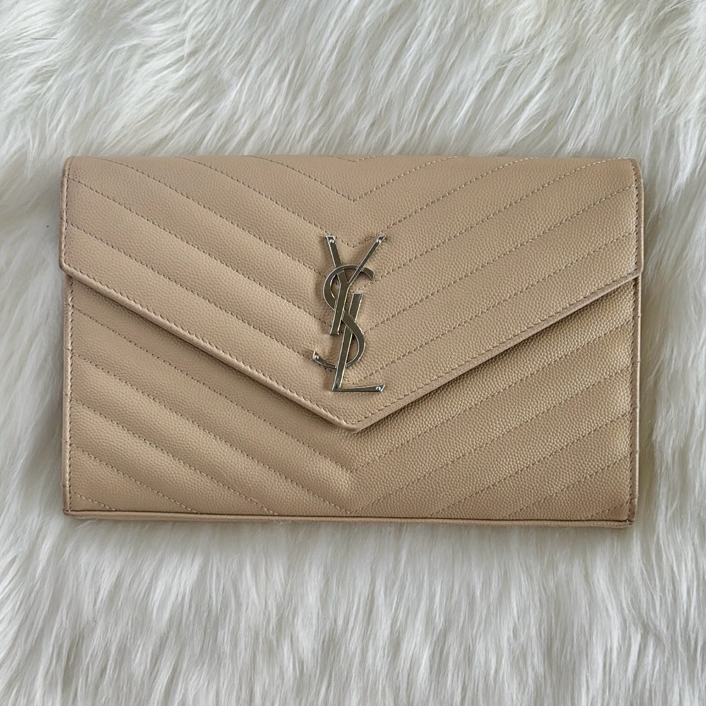 👛 SOLD 👛 Yves Saint Laurent Beige Classic Cassandre Leather Chain Wallet